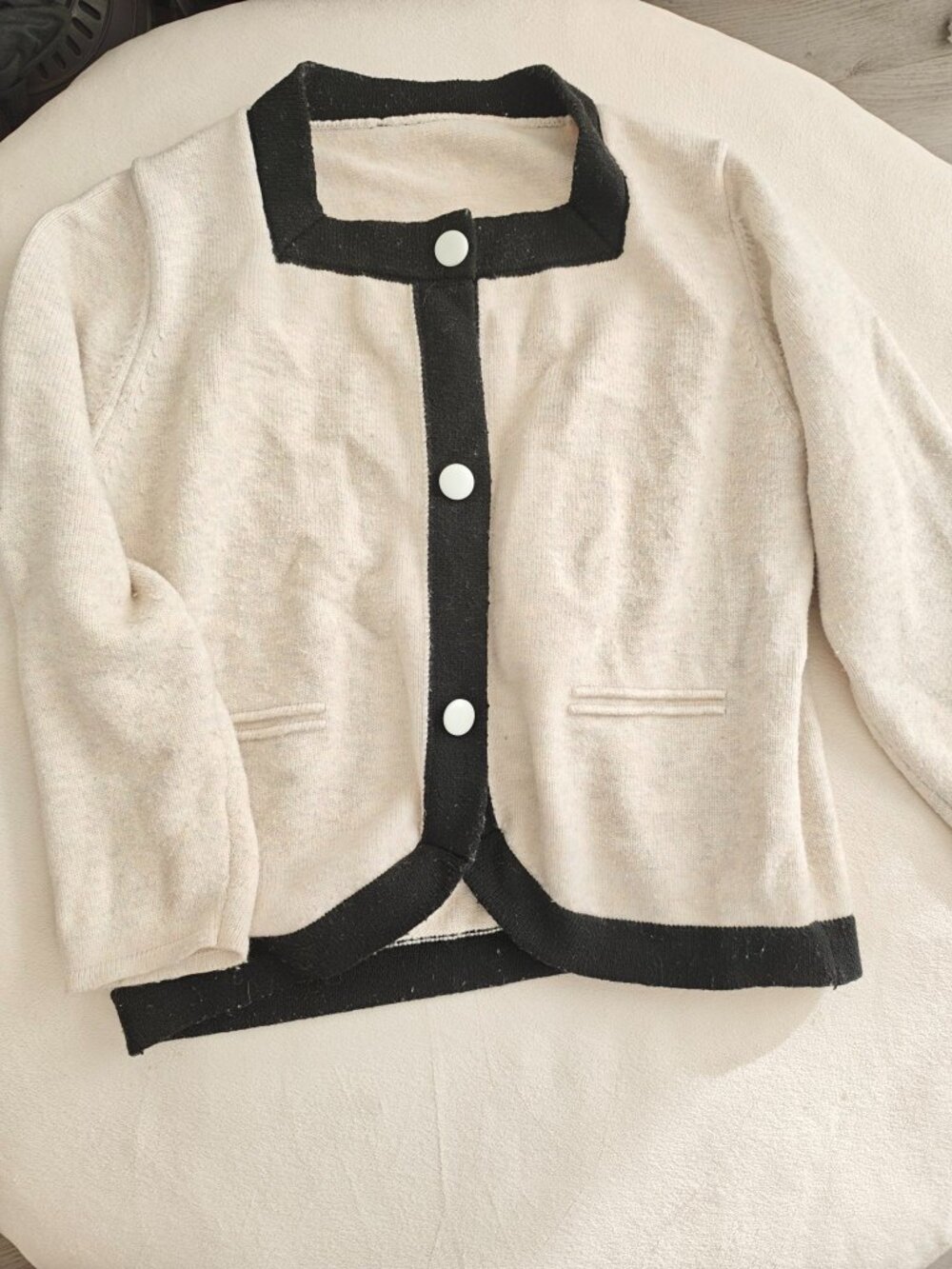 Cream Cropped Cardigan with Black Trim & White Buttons